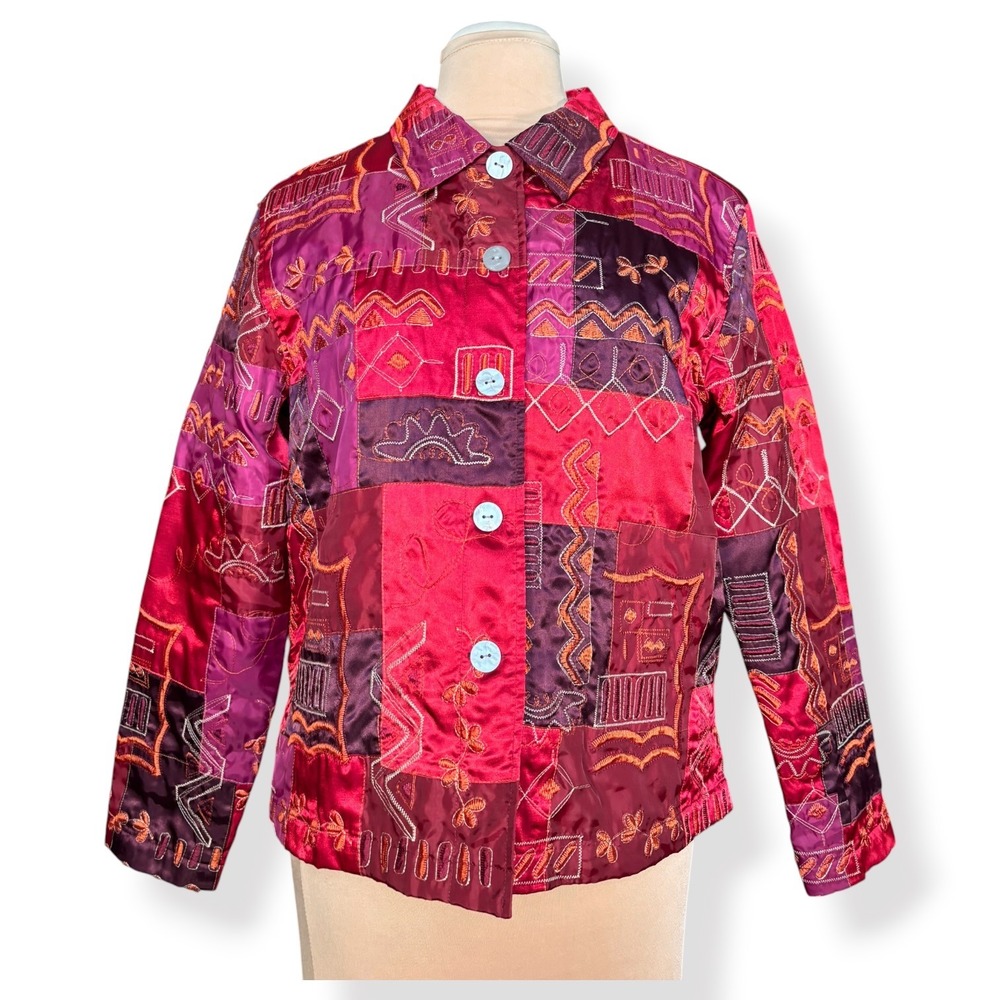 Art To Wear Red Patchwork Embroidered Satin Jacket Boho Lagenlook Y2K Lathe
